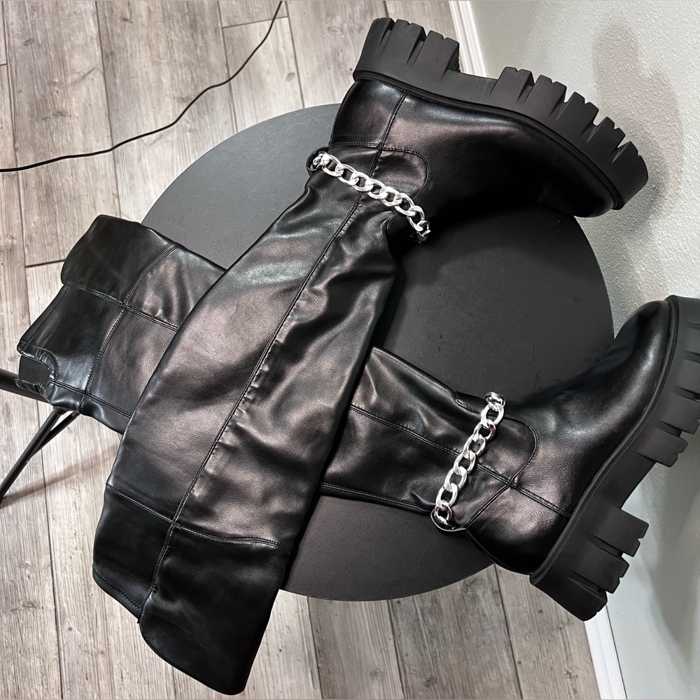 G By Guess Coen Tall Platform Boots Over The Knee Chain Chunky Festival Goth - Picture 10 of 13
